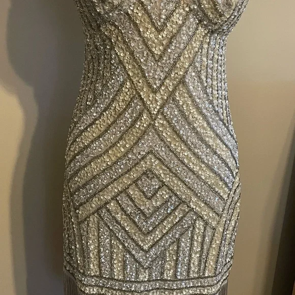 Sold Aidan Mattox Gold Silver Fringe Sequin Dress - Picture 2 of 8